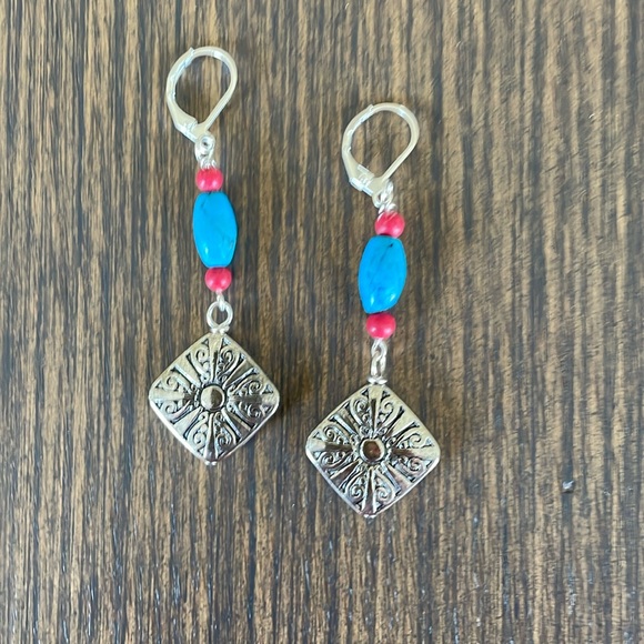 HAND CRAFTED EARRINGS with Turquoise, Red and Silver - Picture 1 of 12